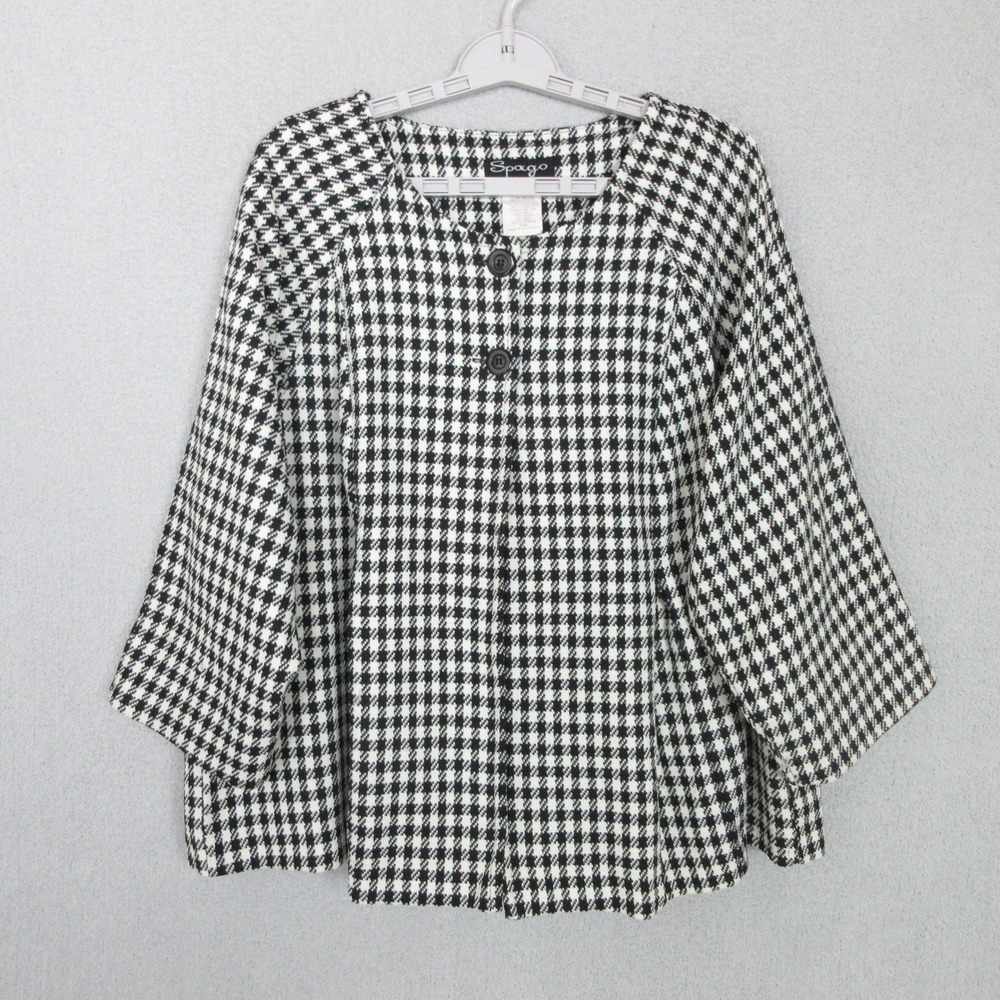 Spago Collection Womens 20W Houndstooth Jacket Black White 3/4 Sleeve Button